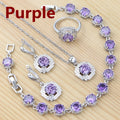 925 Sterling Silver Jewelry Set Round Amethyst Earrings Adjustable Ring Pendant Necklace Bracelet for Women