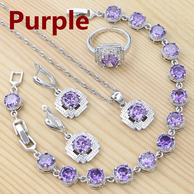 925 Sterling Silver Jewelry Set Round Amethyst Earrings Adjustable Ring Pendant Necklace Bracelet for Women
