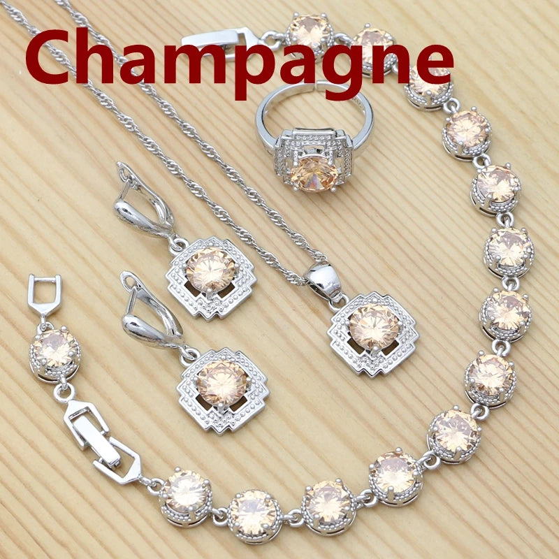 925 Sterling Silver Jewelry Set Round Amethyst Earrings Adjustable Ring Pendant Necklace Bracelet for Women