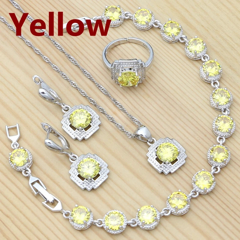 925 Sterling Silver Jewelry Set Round Amethyst Earrings Adjustable Ring Pendant Necklace Bracelet for Women