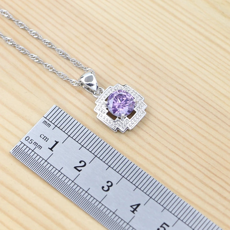 925 Sterling Silver Jewelry Set Round Amethyst Earrings Adjustable Ring Pendant Necklace Bracelet for Women