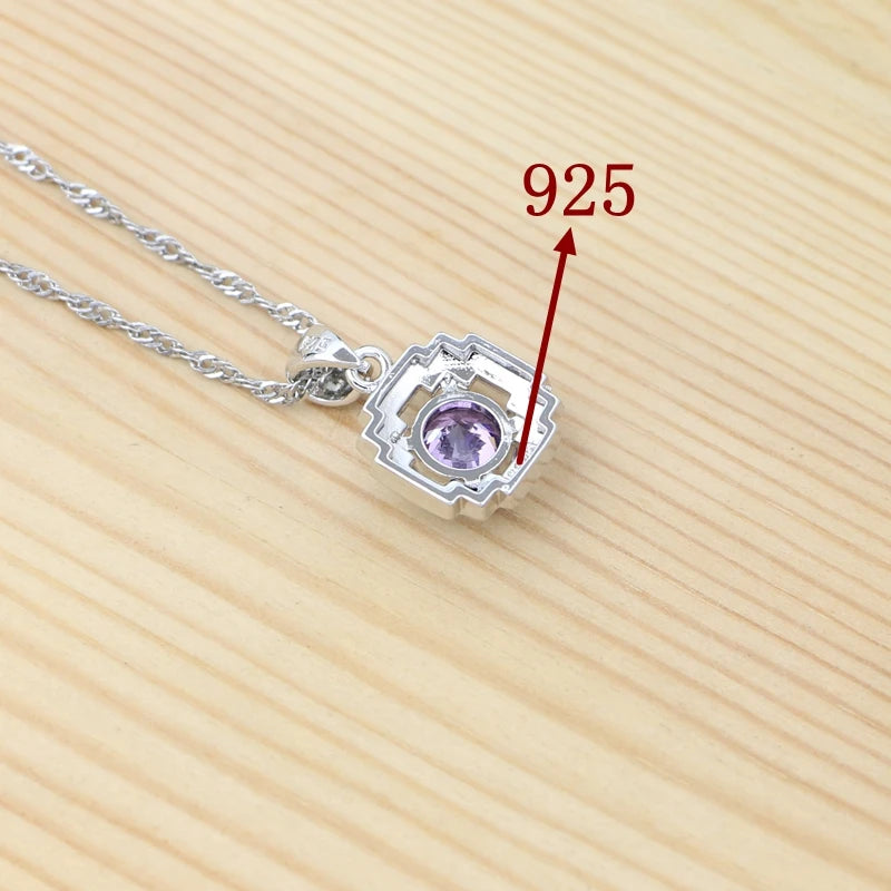 925 Sterling Silver Jewelry Set Round Amethyst Earrings Adjustable Ring Pendant Necklace Bracelet for Women