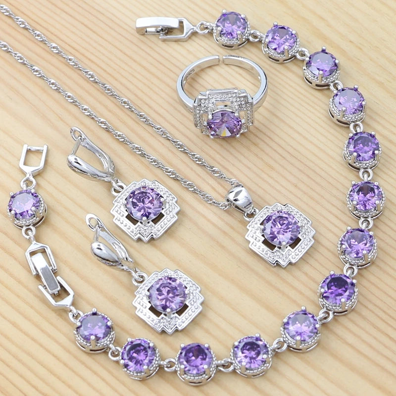 925 Sterling Silver Jewelry Set Round Amethyst Earrings Adjustable Ring Pendant Necklace Bracelet for Women