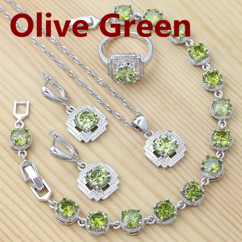 925 Sterling Silver Jewelry Set Round Amethyst Earrings Adjustable Ring Pendant Necklace Bracelet for Women