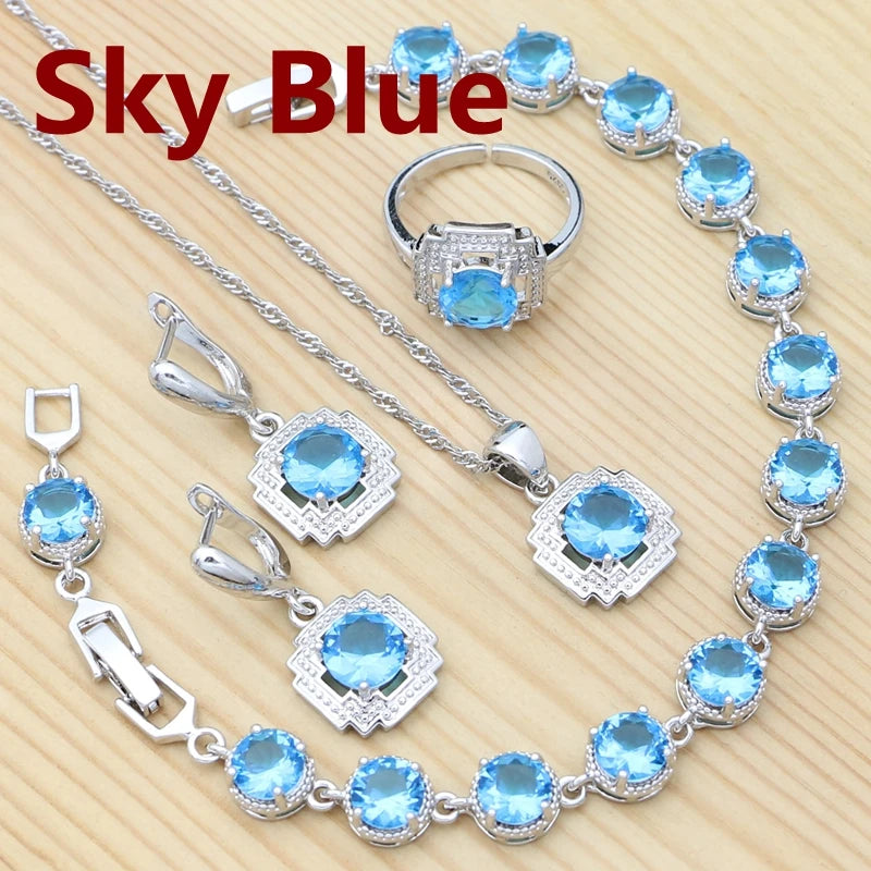 925 Sterling Silver Jewelry Set Round Amethyst Earrings Adjustable Ring Pendant Necklace Bracelet for Women