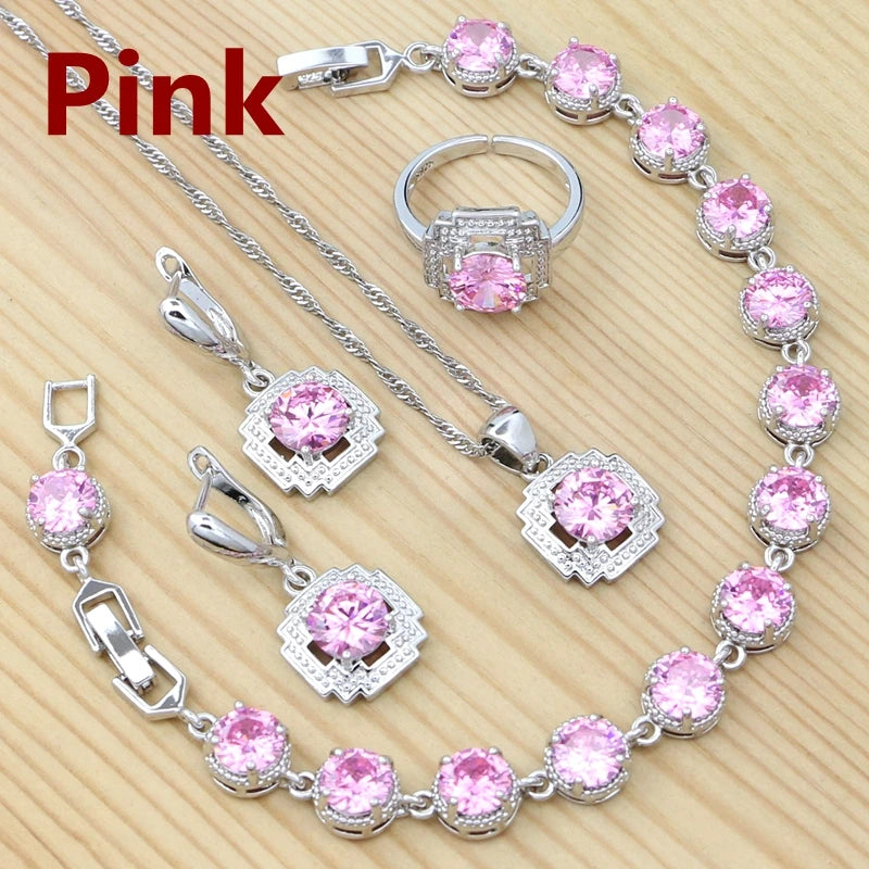 925 Sterling Silver Jewelry Set Round Amethyst Earrings Adjustable Ring Pendant Necklace Bracelet for Women