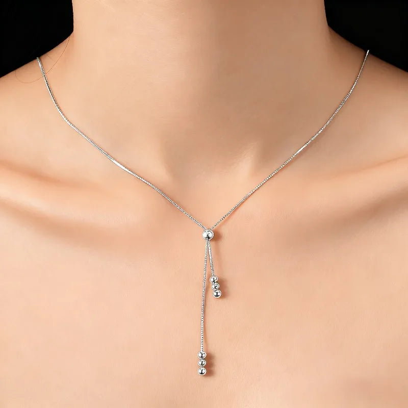 925 Sterling Silver Round Beads Necklace Bracelet Set For Women Luxury Elegant Adjustable Jewelry Wedding Party Gift