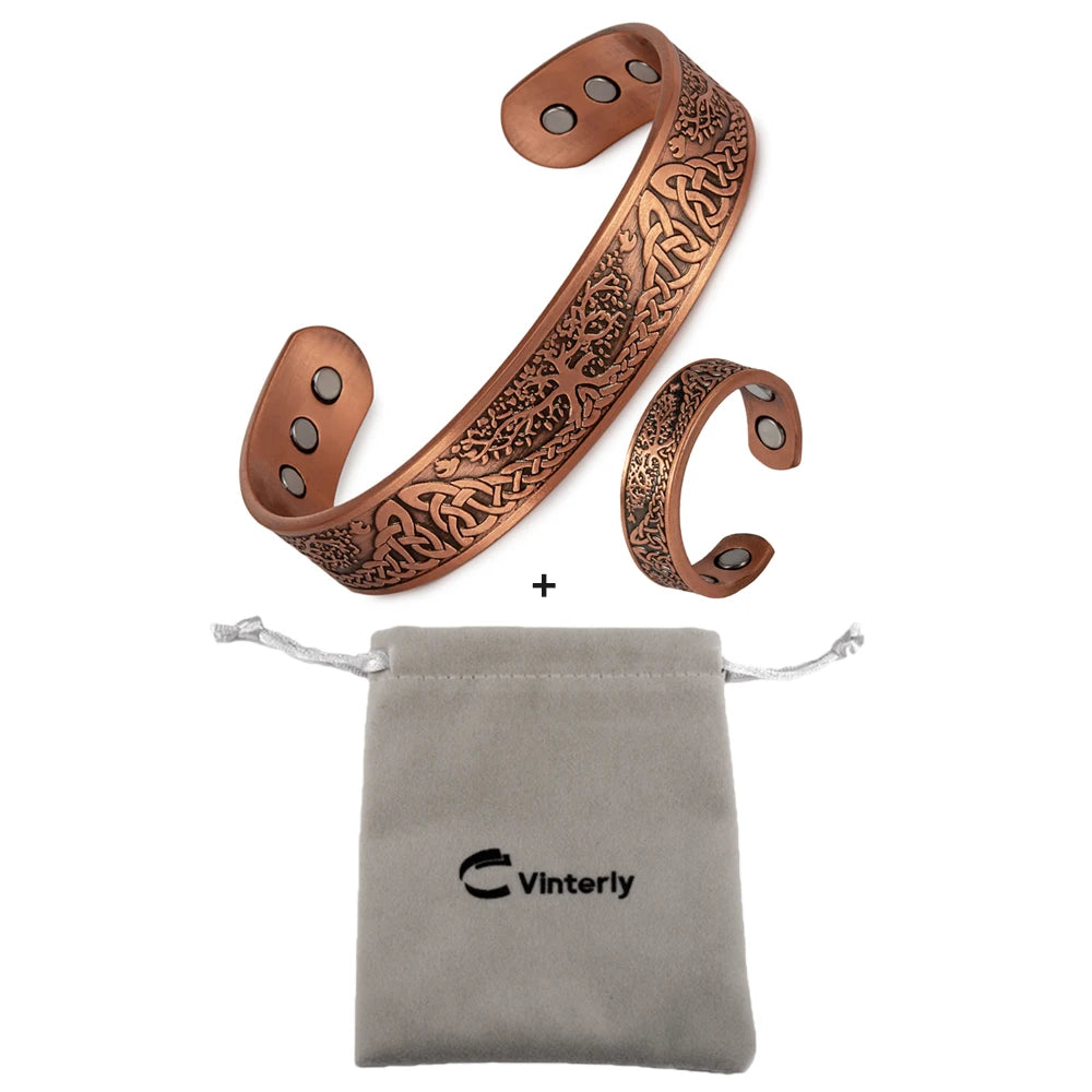 Magnetic Pure Copper Jewelry-Set Yggdrasil Adjustable Vintage Bracelet Ring Resizable Health Viking Jewelry Set for Women Men