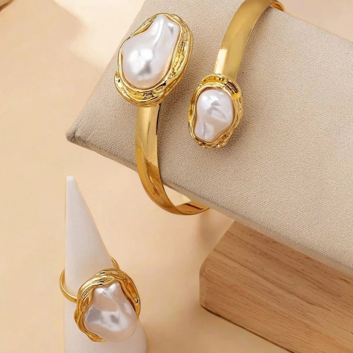Simple Imitation Pearl Opening Adjustable Bracelet Ring Set For Women Gold Color Irregular Pearl Jewelry Party Wedding Gifts