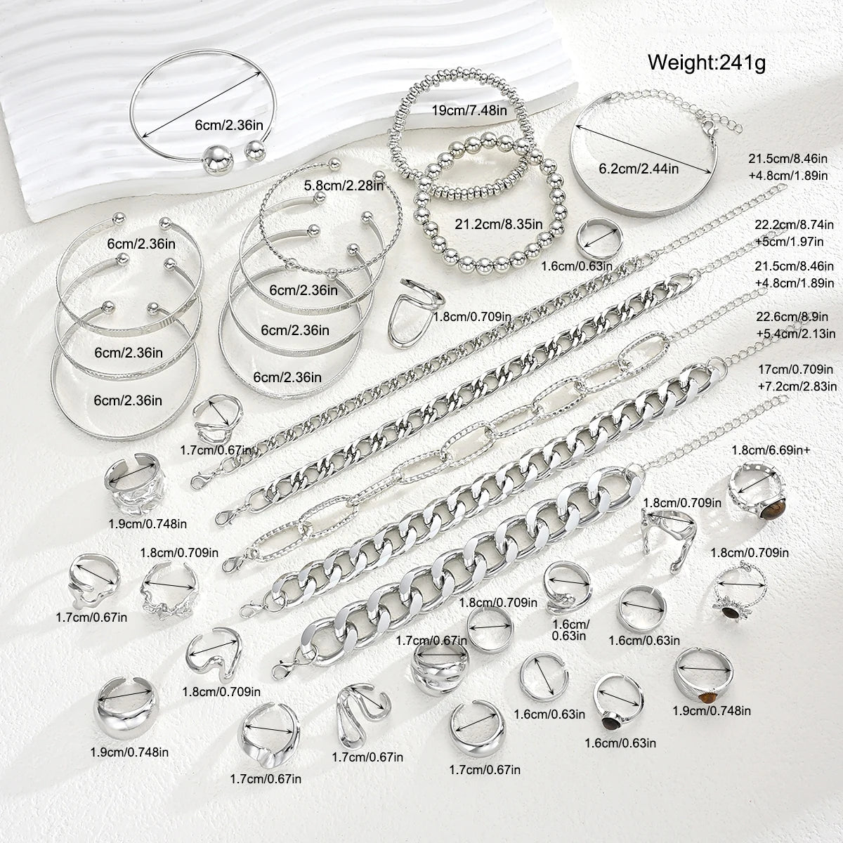 37Pcs Silver Stackable Jewelry Set For Women Minimalist Trendy Layered Chain Bangle Adjustable Finger Ring Party Daily Wear Gift