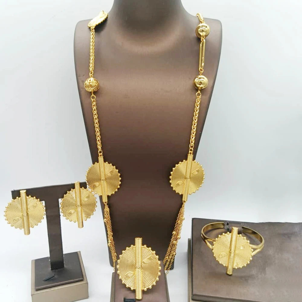 Five Layer Jewelry Set For Women Trendy Long Chain 80cm Necklace Cuff Bangle Adjustable Ring Geometry Earrings Jewelry Accessory