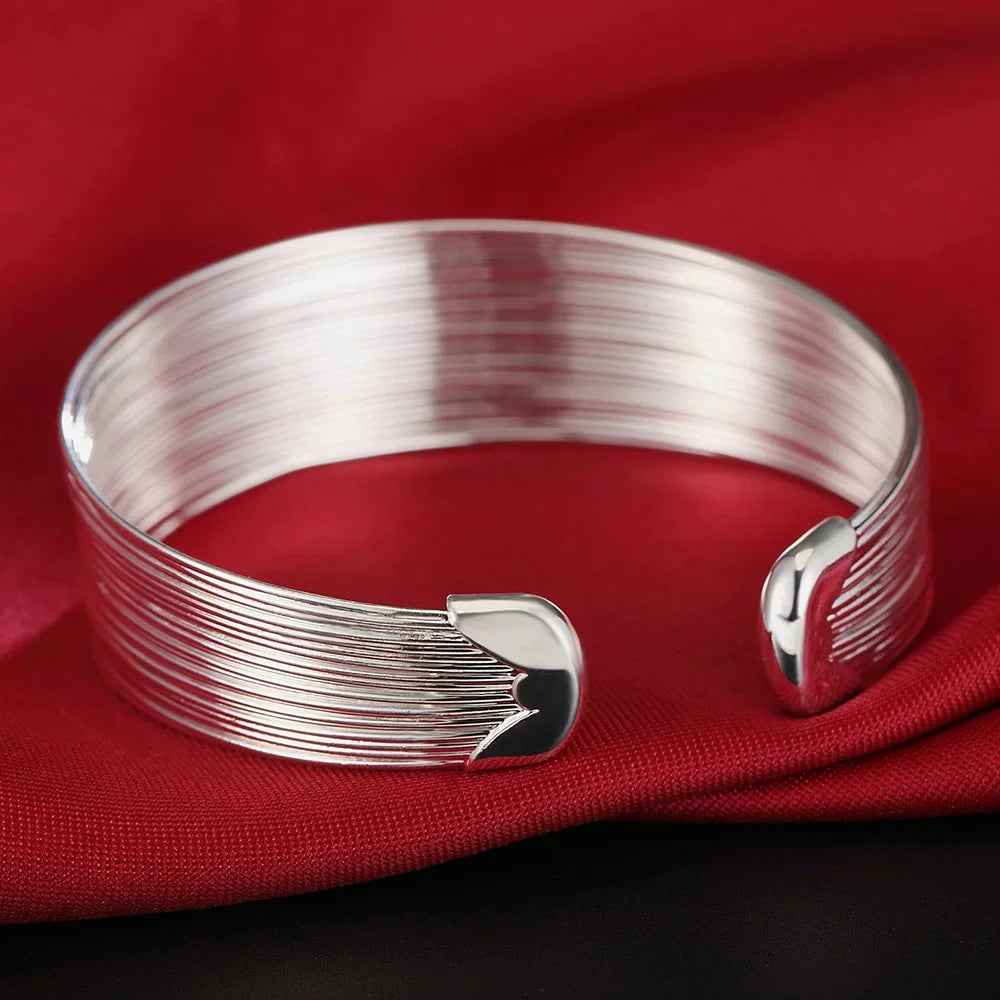 925 Sterling Silver Rings Bracelets Jewelry Set Women Fine Retro Multi-Line Bangle Adjustable Size Fashion Party Holiday Gifts