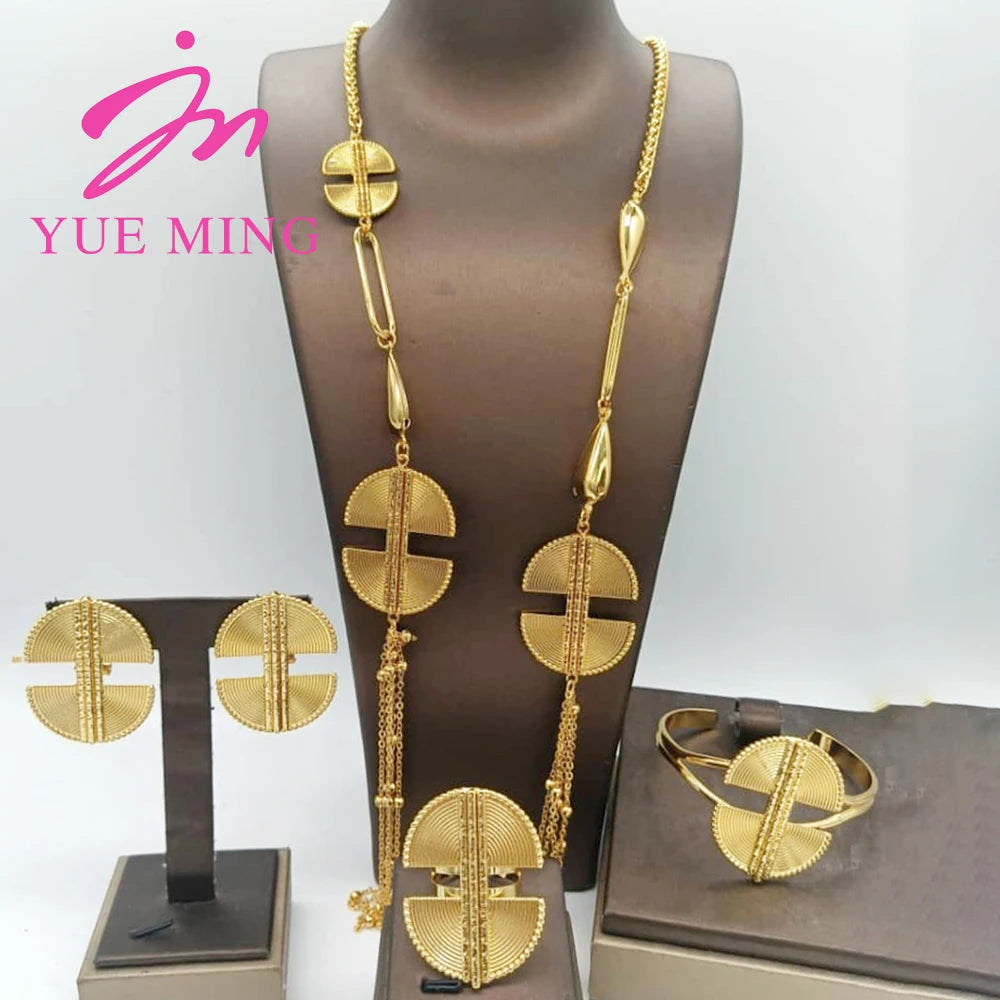 Five Layer Jewelry Set For Women Trendy Long Chain 80cm Necklace Cuff Bangle Adjustable Ring Geometry Earrings Jewelry Accessory