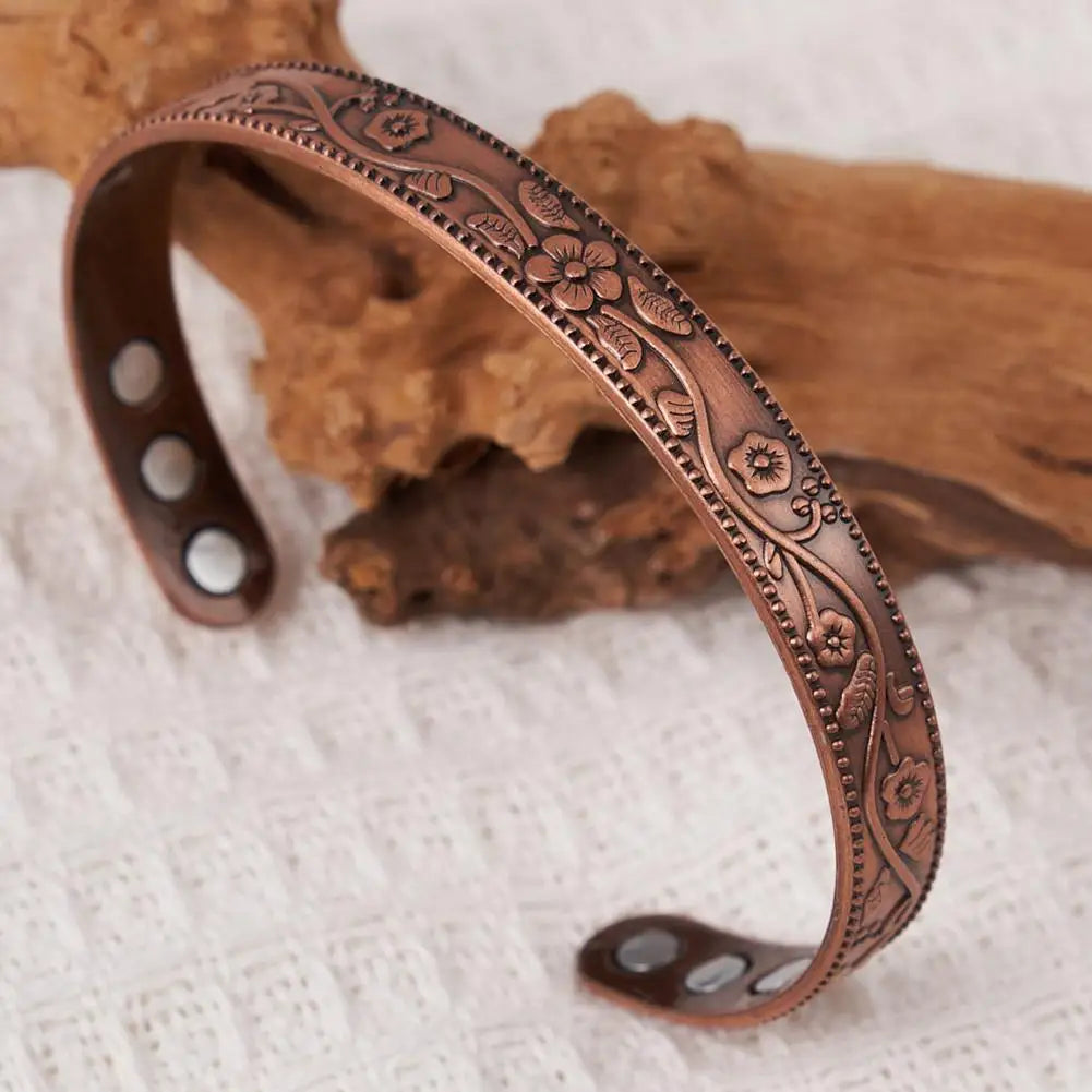 Vintage Flower Ring Bracelet Set Adjustable Magnets Cuff Banglse Arthritis Relief Pure Copper Bracelets Energy Jewelry Women Men