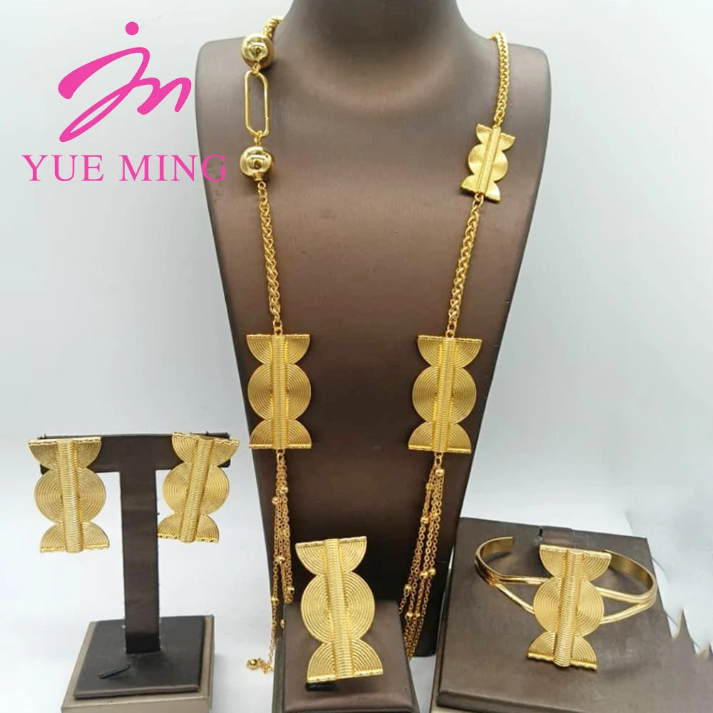 Five Layer Jewelry Set For Women Trendy Long Chain 80cm Necklace Cuff Bangle Adjustable Ring Geometry Earrings Jewelry Accessory