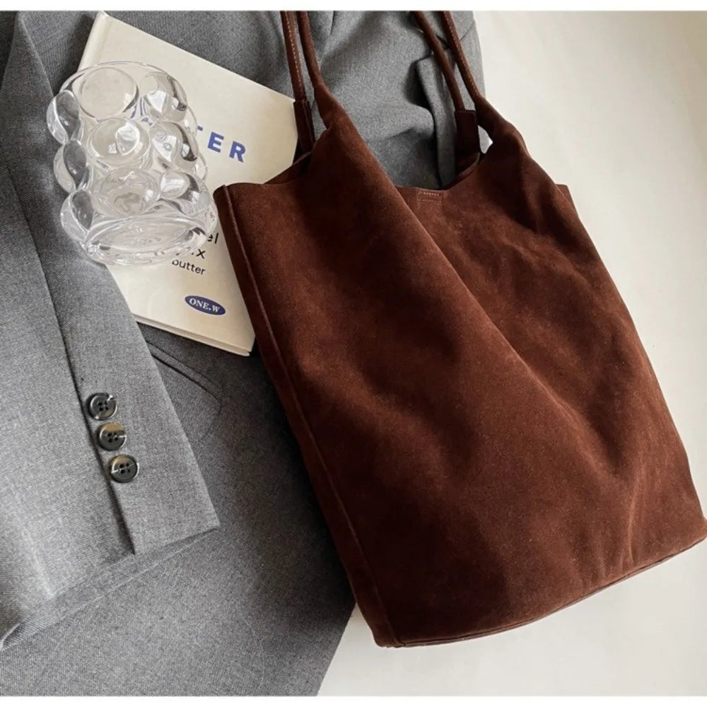 Elegant Retro Underarm Bag Faux Suede Large Capacity Satchel Bag including 1 Small Handbag Solid Color Tote Purse for Women