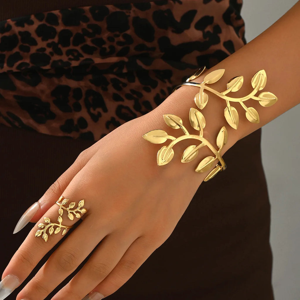 Metal Three-dimensional Leaf Shape Bracelet Ring Set Opening Adjustable Bracelet Body Chain Unisex Style