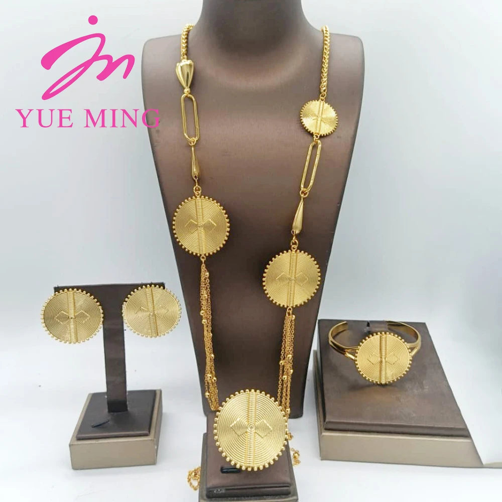 Five Layer Jewelry Set For Women Trendy Long Chain 80cm Necklace Cuff Bangle Adjustable Ring Geometry Earrings Jewelry Accessory