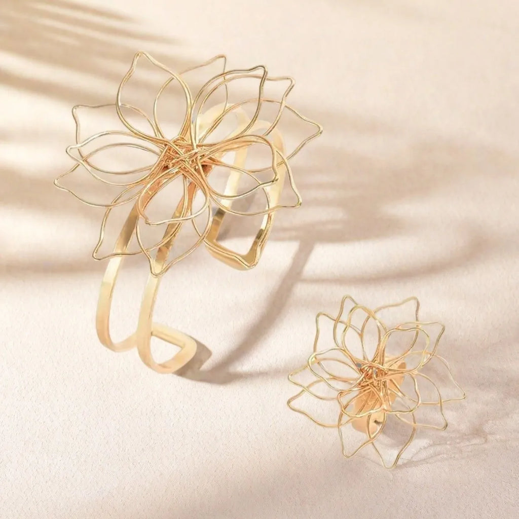 1 set of exaggerated hollow line woven flower ring bracelet set with adjustable opening jewelry for women