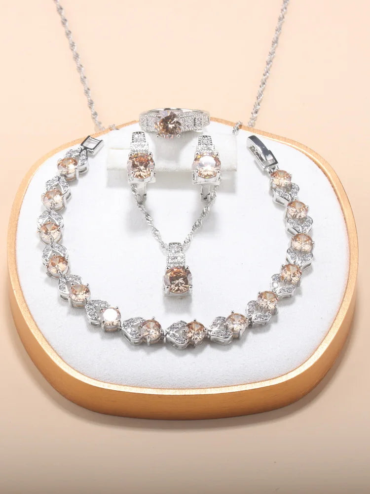 Fine Jewelry Silver 925 Fashion Party Women Dress Accessories CZ Hoop Earrings Necklace Bracelet Adjustable Ring 5-Piece Sets