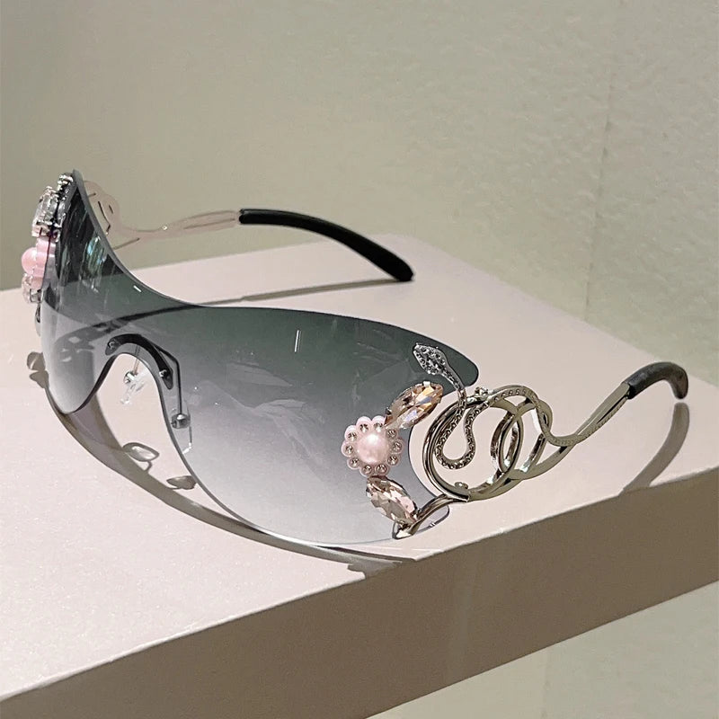 Rimless Y2k Sunglasses with Rhinestones Women Fashion Monoblock Outdoor Decor Shades Trendy Design Gradient Sun Glasses