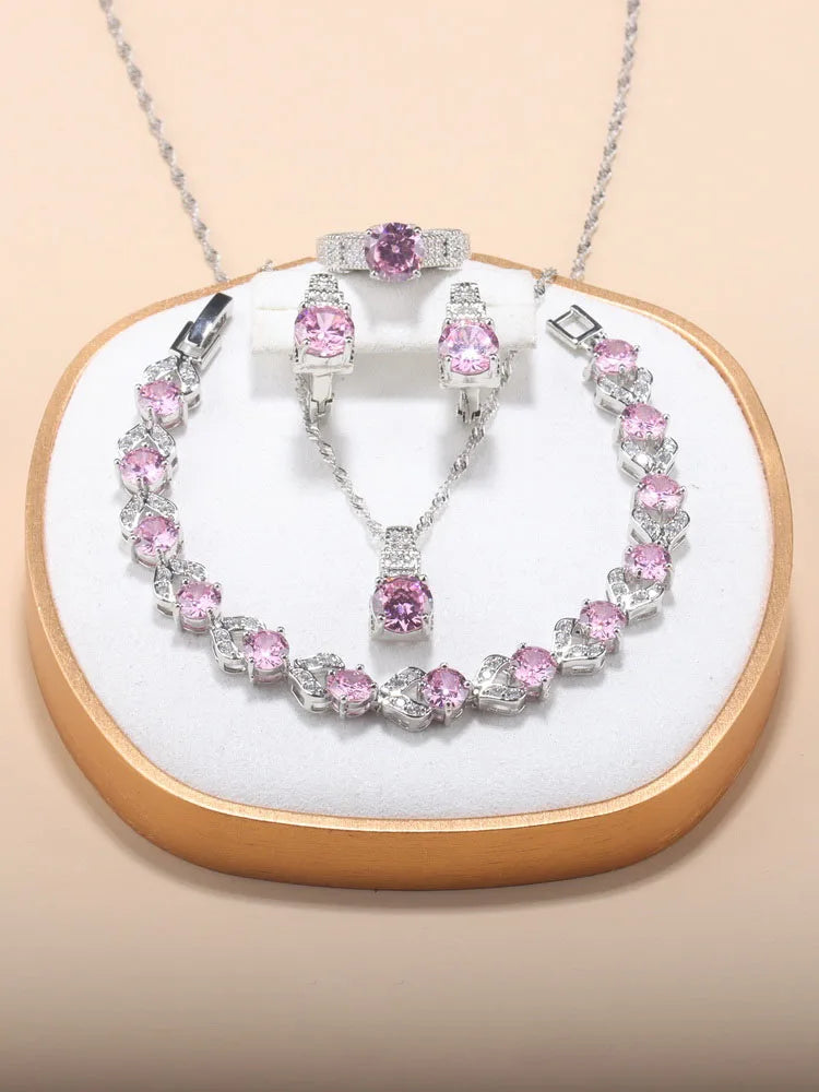 Fine Jewelry Silver 925 Fashion Party Women Dress Accessories CZ Hoop Earrings Necklace Bracelet Adjustable Ring 5-Piece Sets