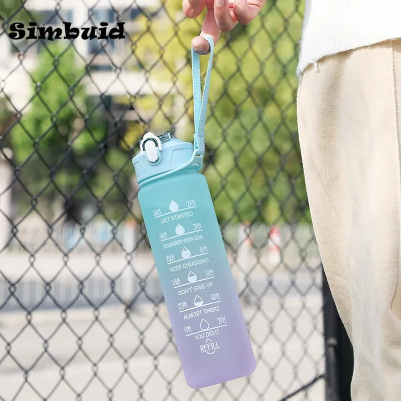 600ML/750ML/1000ML Sports Bottle with Time Scale Outdoor Gradient Color Drinking Bottle Portable Fitness Motivational Straw Mug