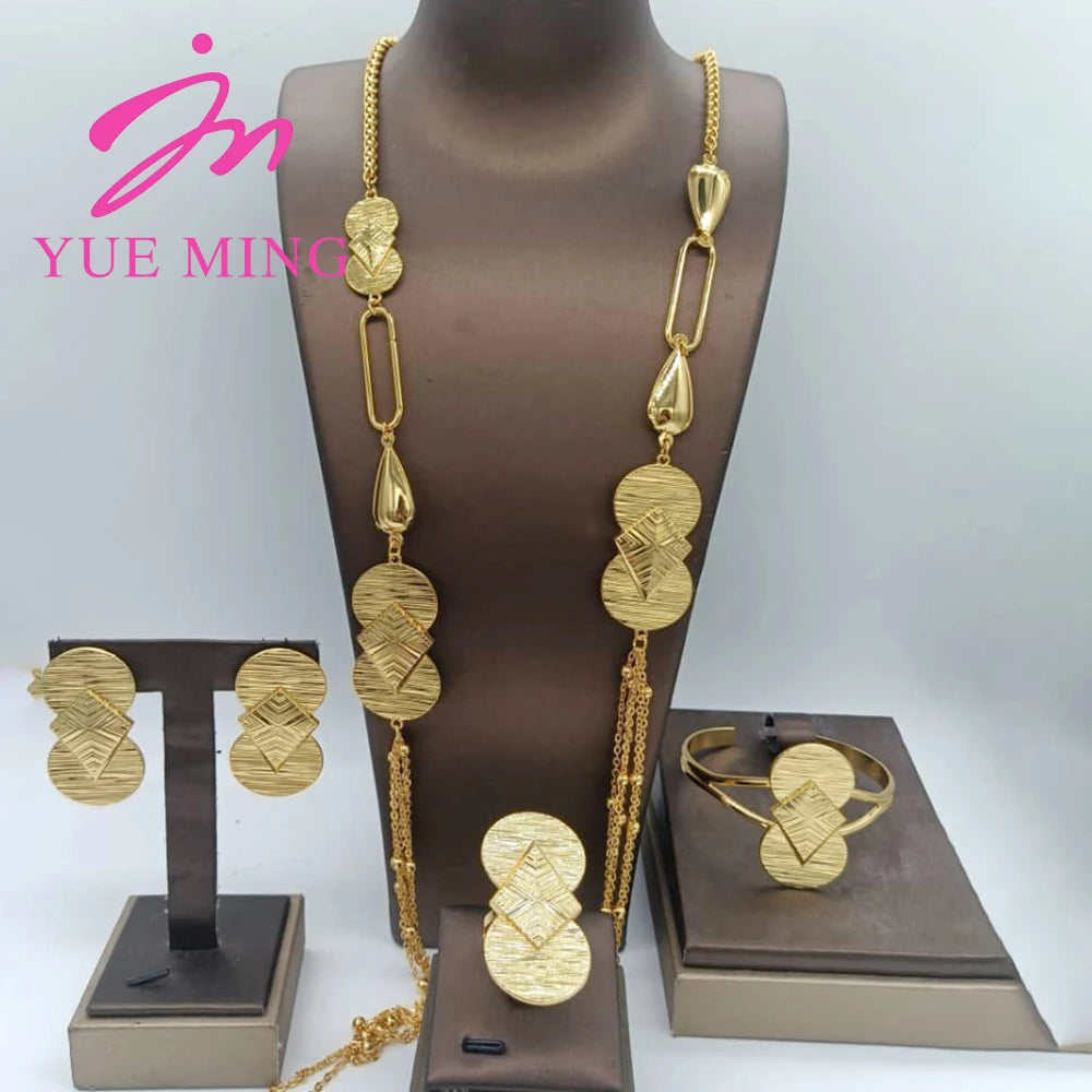 Five Layer Jewelry Set For Women Trendy Long Chain 80cm Necklace Cuff Bangle Adjustable Ring Geometry Earrings Jewelry Accessory