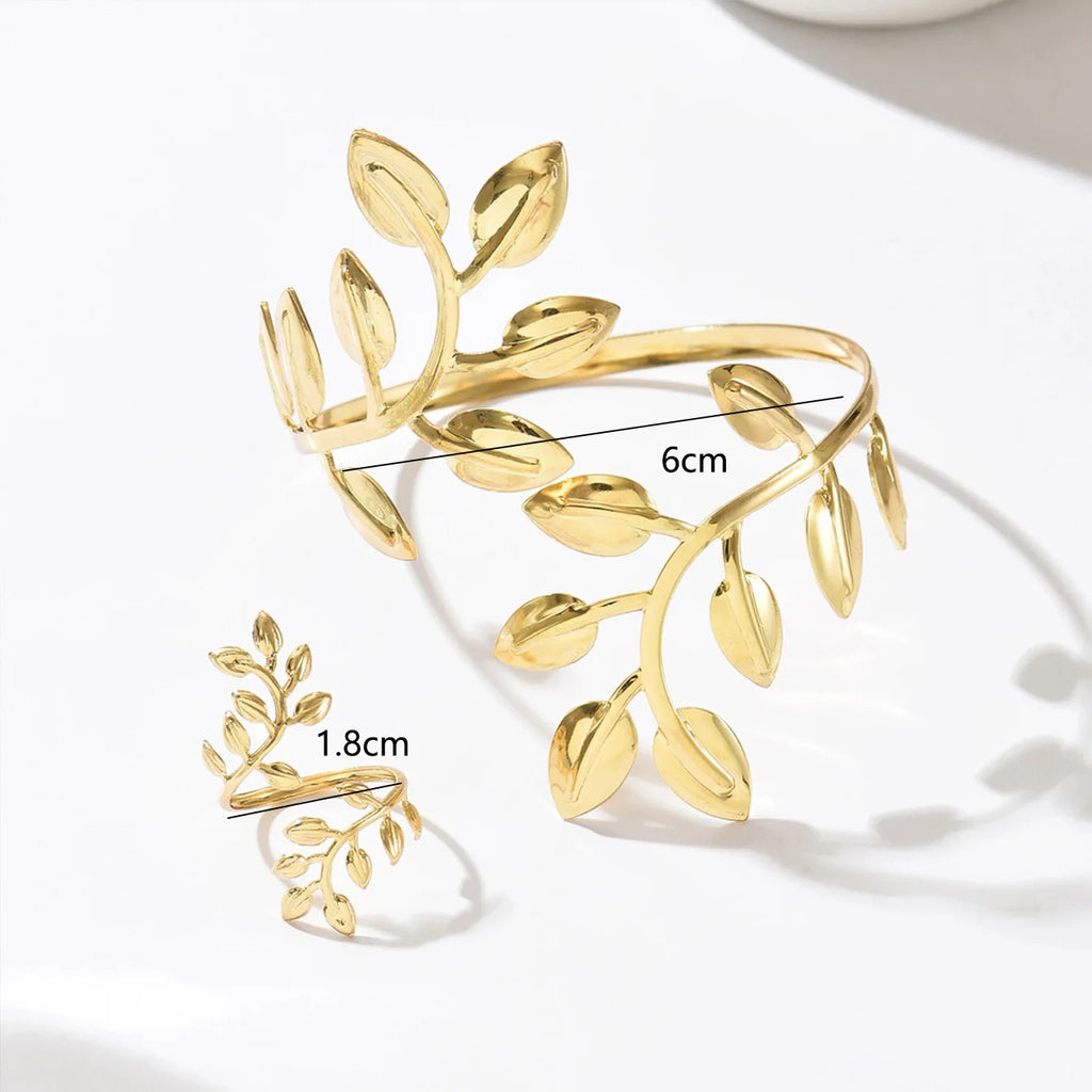 Metal Three-dimensional Leaf Shape Bracelet Ring Set Opening Adjustable Bracelet Body Chain Unisex Style