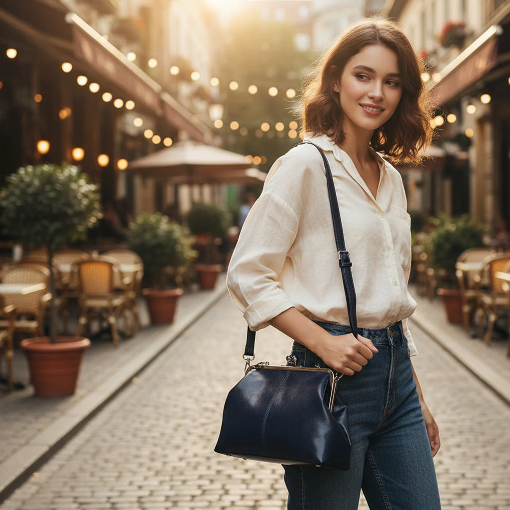 Women Girls PU Leather Large Capacity Shoulder Bag Adjustable Strap One Shoulder Crossbody Bag Elegant Kiss Lock Shoulder Bag