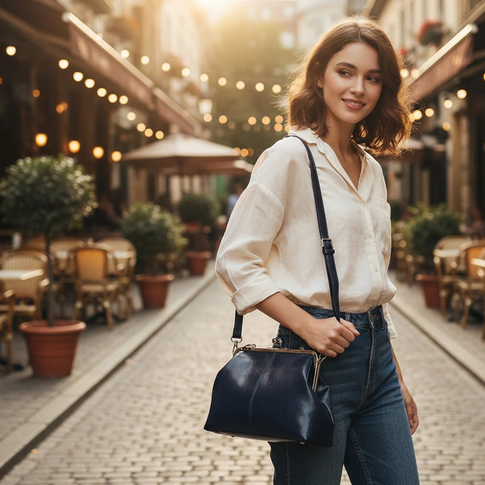 Women Girls PU Leather Large Capacity Shoulder Bag Adjustable Strap One Shoulder Crossbody Bag Elegant Kiss Lock Shoulder Bag