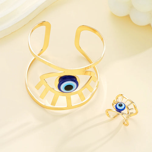 2Pcs/Set Evil Eyes Blue Eye Resin Bracelets Rings For Women Men Fashion Gold Silver Color Open Adjustable Unisex Jewelry Sets