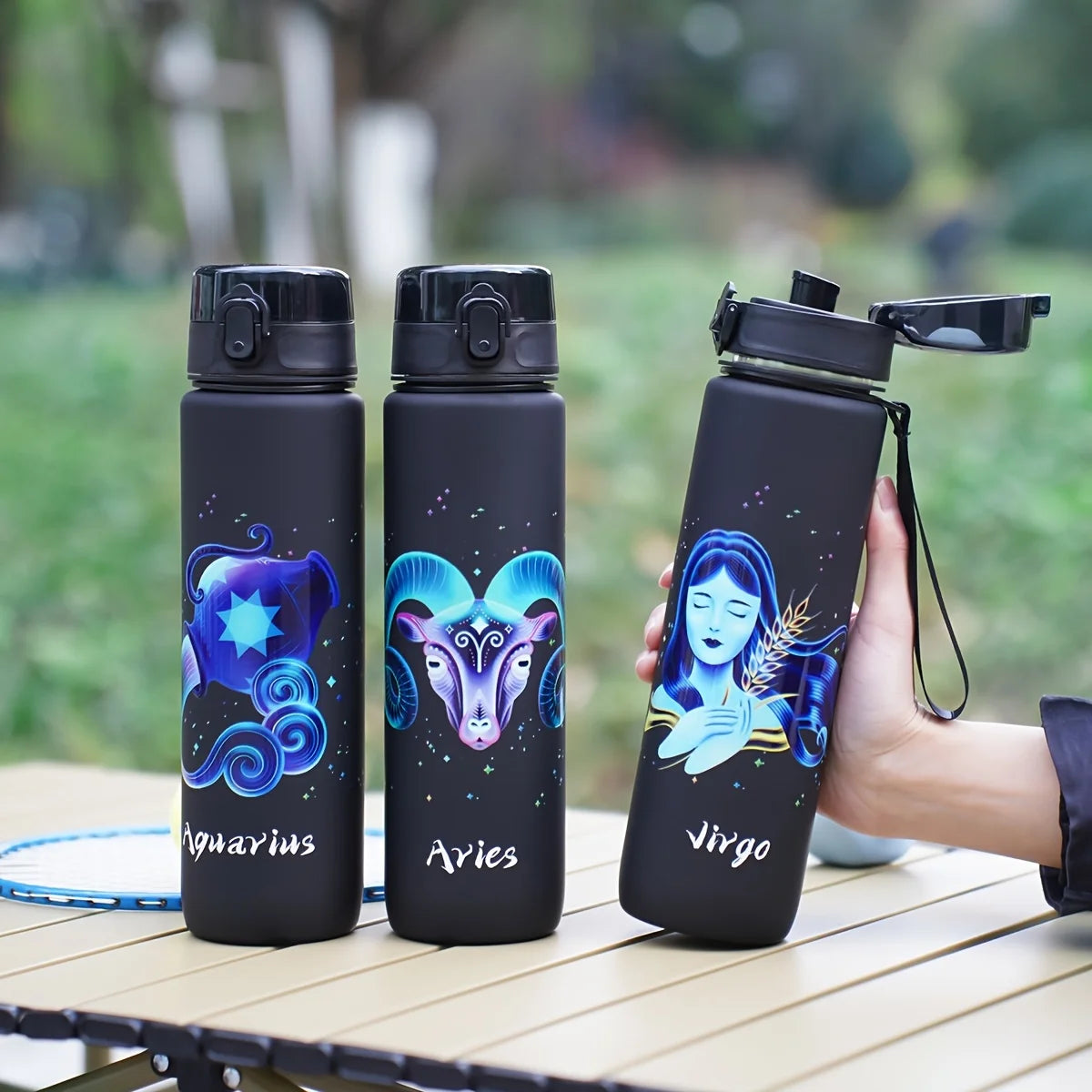 1000ml/34OZ outdoor sports constellation water bottle, with lid, leak-proof and durable, suitable for running, cycling, a gift