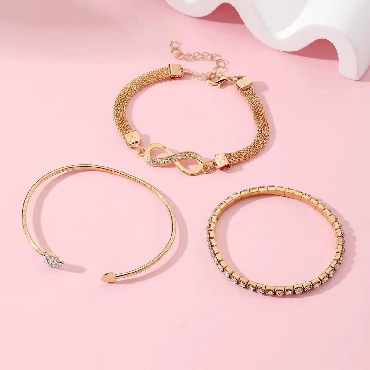 3PCS set Fashionable Retro Heart-Shaped Bright Diamond Bracelet With Geometric Adjustable Infinite Cuffs Bracelet Bead Jewelry