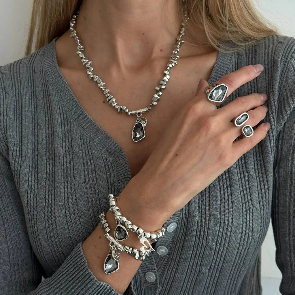 SHIXIN 5Pcs/Set Elegant Rhinestones Acrylic Beaded Necklace Bracelet Ring For Women Luxury Stackable Adjustable Open Jewelry Set