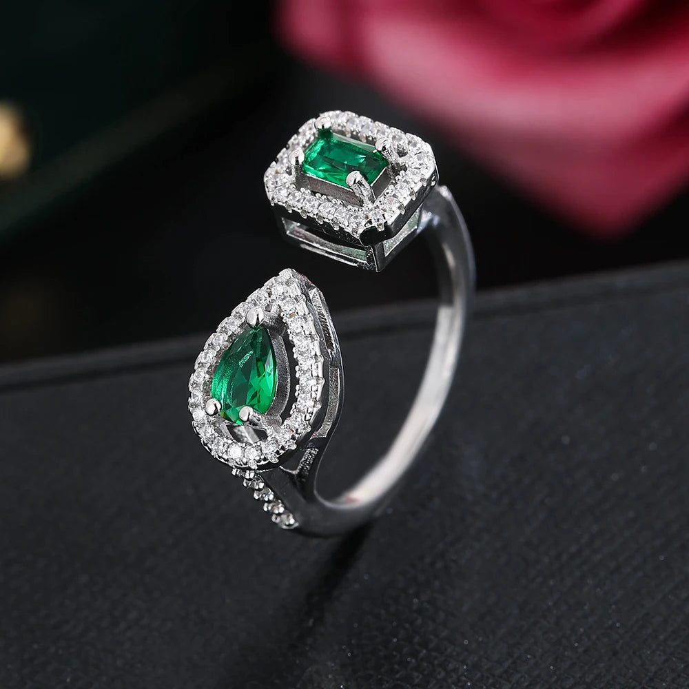 LXOEN 2pcs Pack Green Silver Color Bride Jewelry Set Halo Engagement Ring Adjustable Open Bracelet for Wedding Gift Christmas