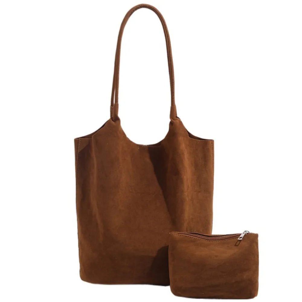 Elegant Retro Underarm Bag Faux Suede Large Capacity Satchel Bag including 1 Small Handbag Solid Color Tote Purse for Women