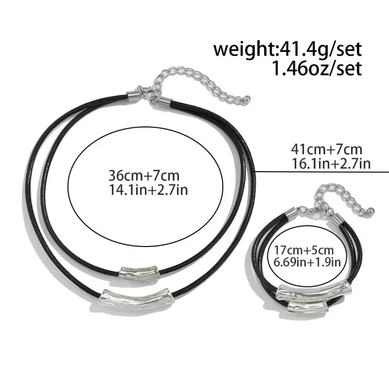 Multilayer Black Leather Adjustable Necklace Charm Bracelet for Women Daily Aesthetic Party Jewelry Set Gift