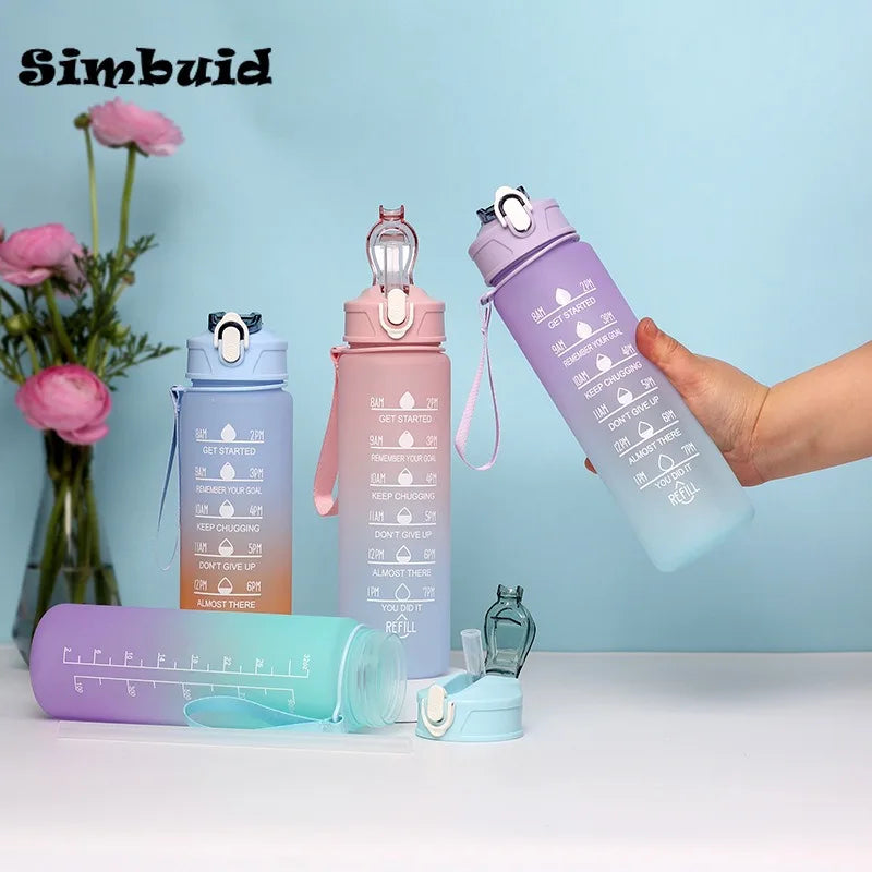 600ML/750ML/1000ML Sports Bottle with Time Scale Outdoor Gradient Color Drinking Bottle Portable Fitness Motivational Straw Mug
