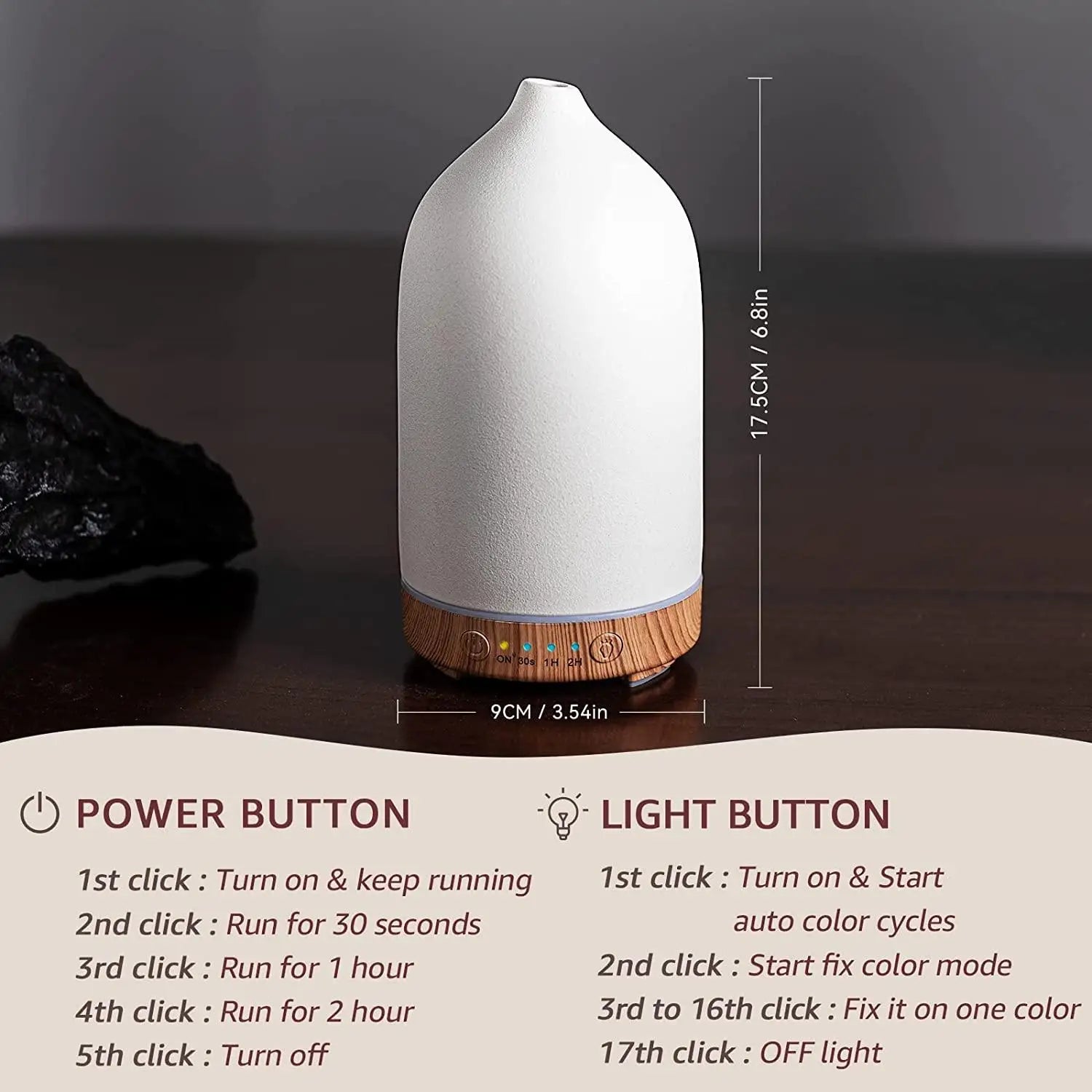 100ml Ceramic Essential Oil Diffuser for Bedroom Home Office Ultrasonic Humidifier Aroma Diffuser with 7 Colors Night Light