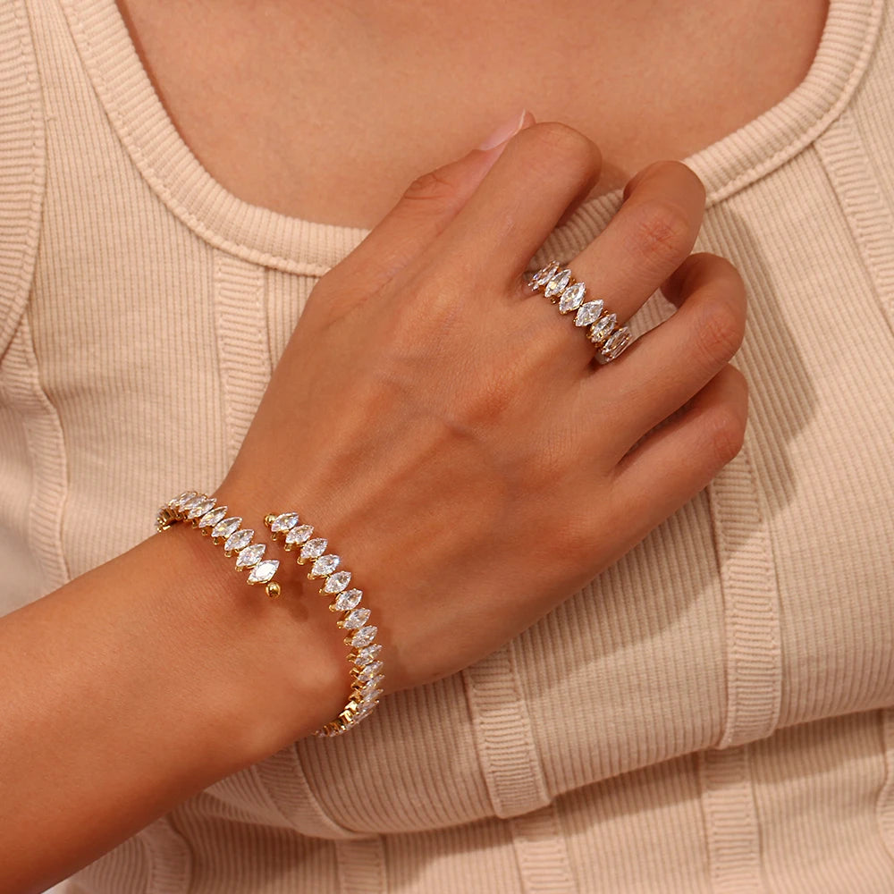 Waterproof Blingbling Holiday Party Marquis 3A Cubic Zirconia Crystal Adjustable Bangles Bracelet Ring Jewelry Set