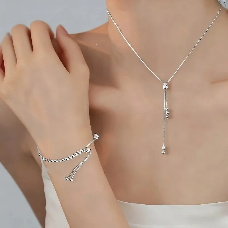925 Sterling Silver Round Beads Necklace Bracelet Set For Women Luxury Elegant Adjustable Jewelry Wedding Party Gift