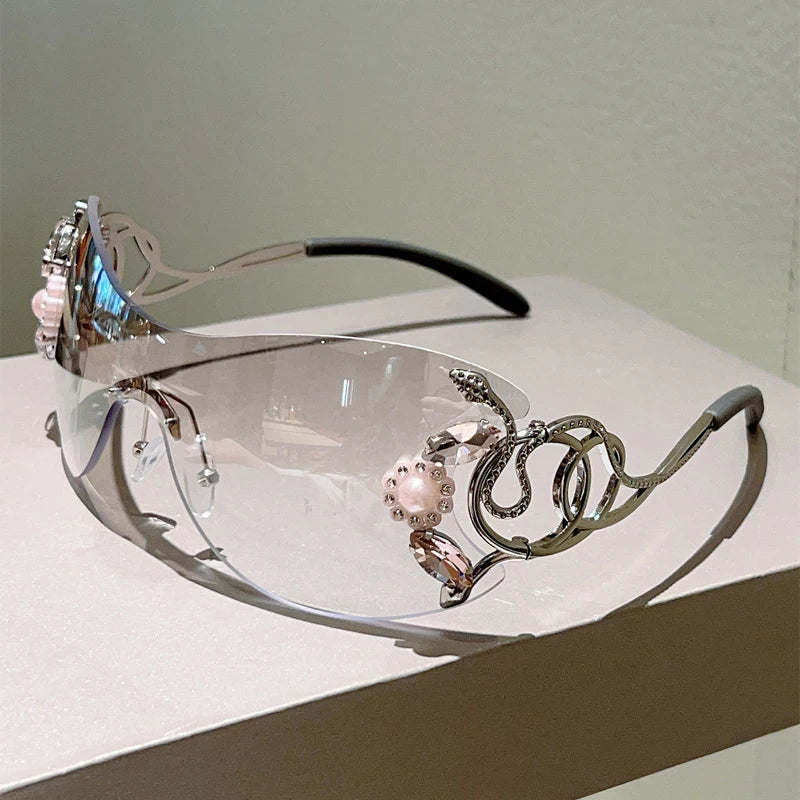 Rimless Y2k Sunglasses with Rhinestones Women Fashion Monoblock Outdoor Decor Shades Trendy Design Gradient Sun Glasses
