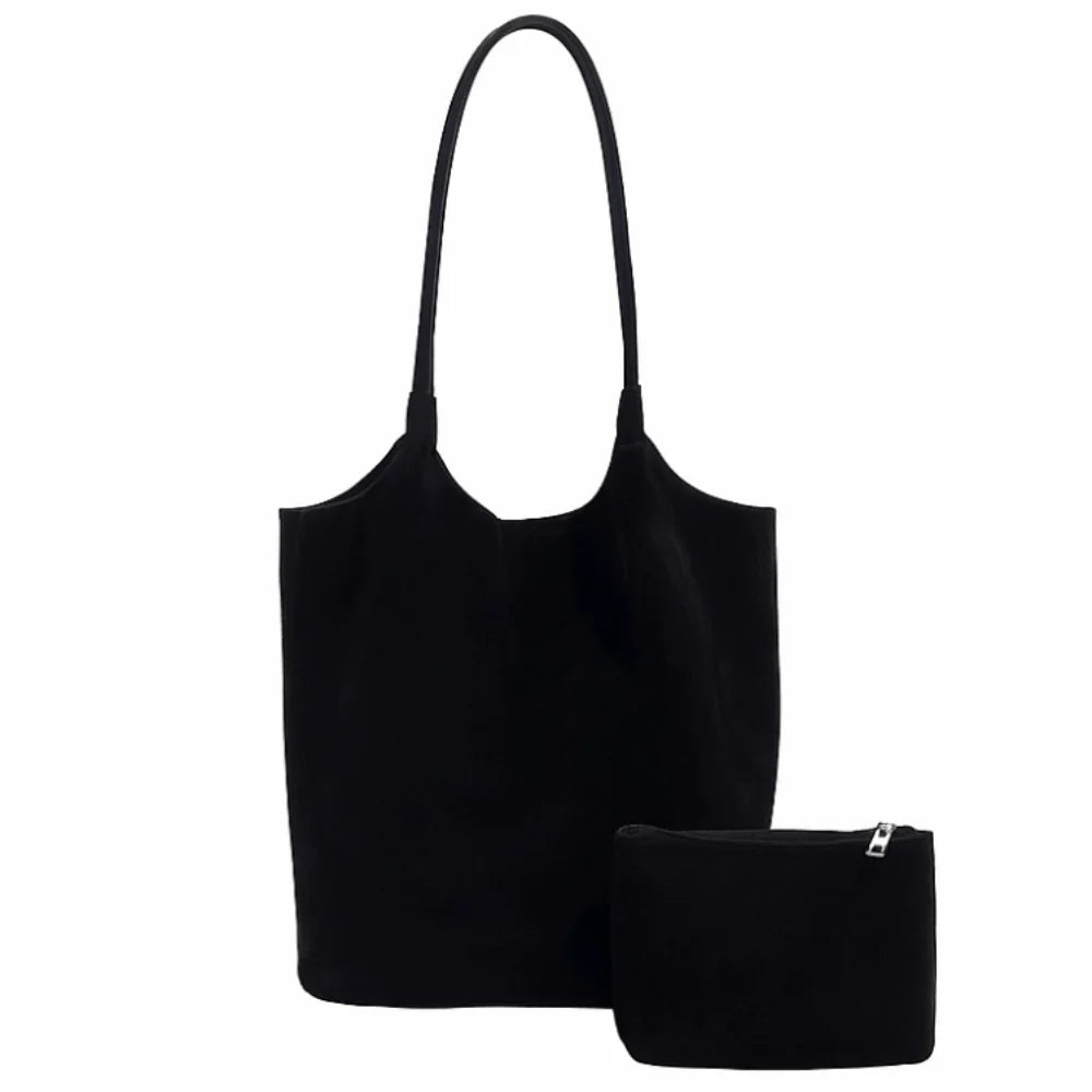 Elegant Retro Underarm Bag Faux Suede Large Capacity Satchel Bag including 1 Small Handbag Solid Color Tote Purse for Women