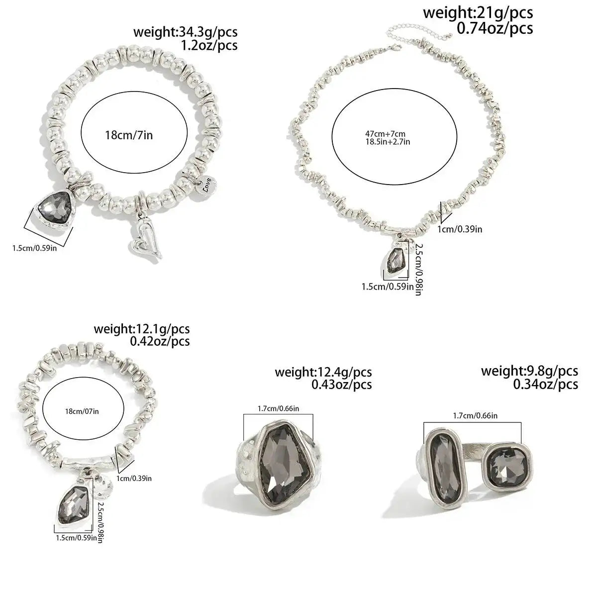 SHIXIN 5Pcs/Set Elegant Rhinestones Acrylic Beaded Necklace Bracelet Ring For Women Luxury Stackable Adjustable Open Jewelry Set