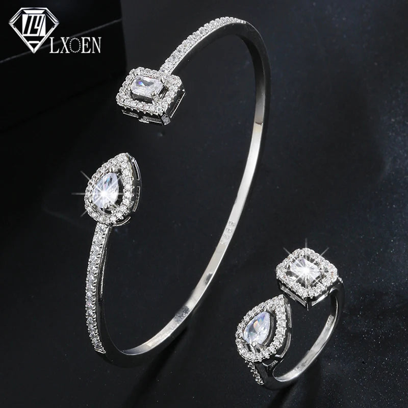 Luxury Wedding Bridal Jewelry Set Cubic Zirconia Ring Bracelet Sets for Women Party Gifts 2pcs Open Adjustable Fashion Jewelry
