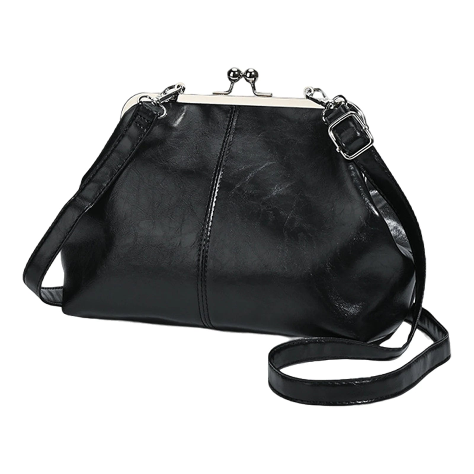 Women Girls PU Leather Large Capacity Shoulder Bag Adjustable Strap One Shoulder Crossbody Bag Elegant Kiss Lock Shoulder Bag