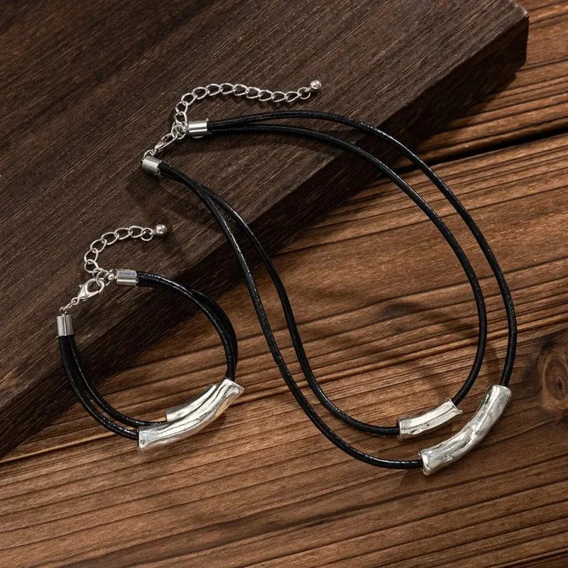 Multilayer Black Leather Adjustable Necklace Charm Bracelet for Women Daily Aesthetic Party Jewelry Set Gift