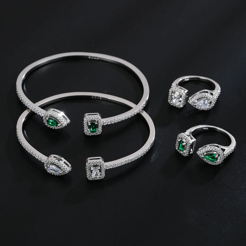 Luxury Wedding Bridal Jewelry Set Cubic Zirconia Ring Bracelet Sets for Women Party Gifts 2pcs Open Adjustable Fashion Jewelry