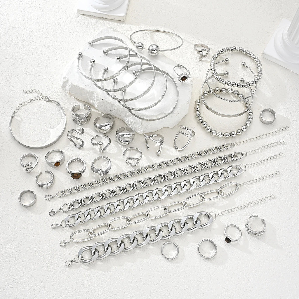 37Pcs Silver Stackable Jewelry Set For Women Minimalist Trendy Layered Chain Bangle Adjustable Finger Ring Party Daily Wear Gift